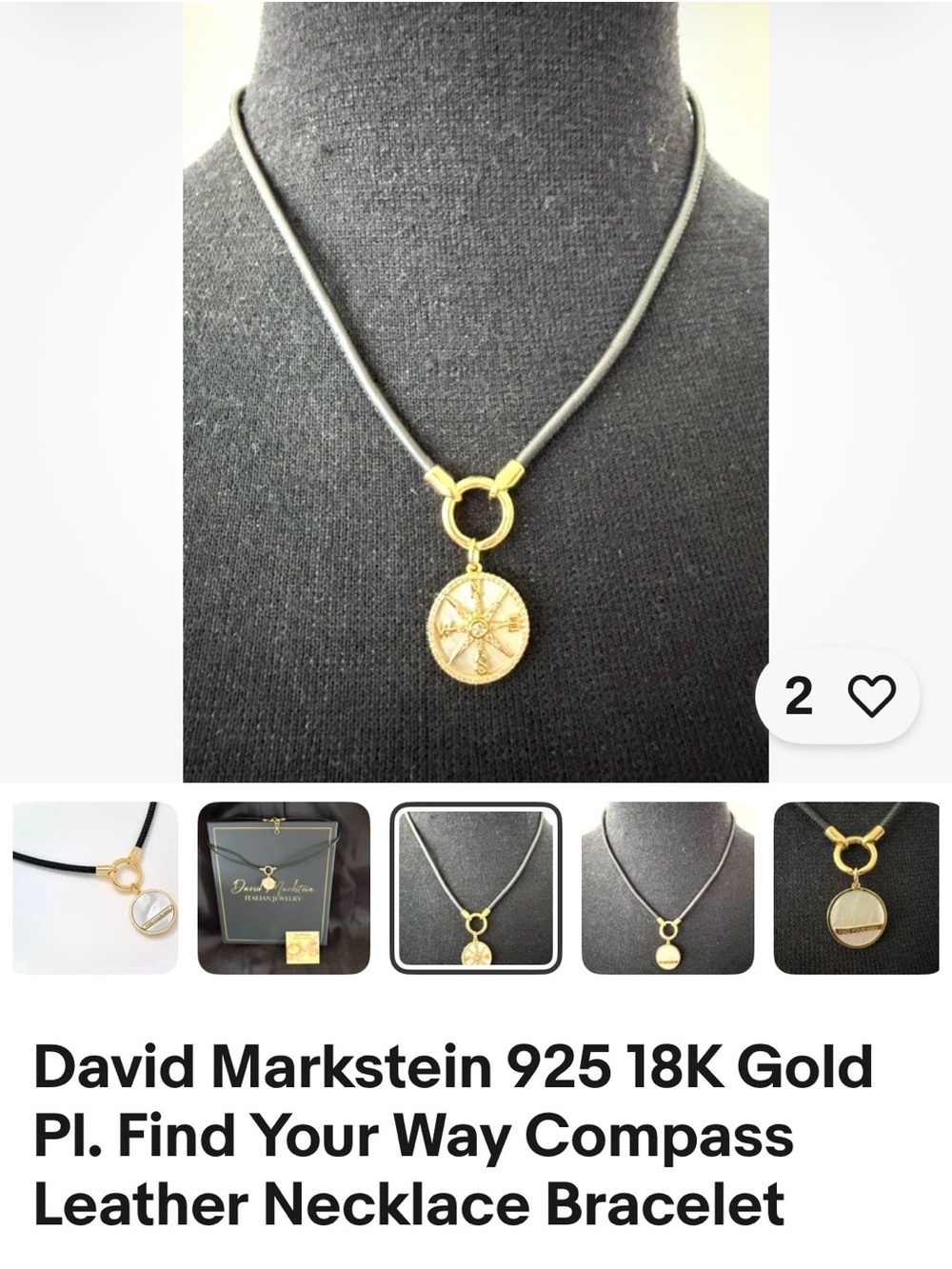 David Markstein “Find your Way” Compass Pendant Necklace with Black Leather cord - Picture 2 of 14